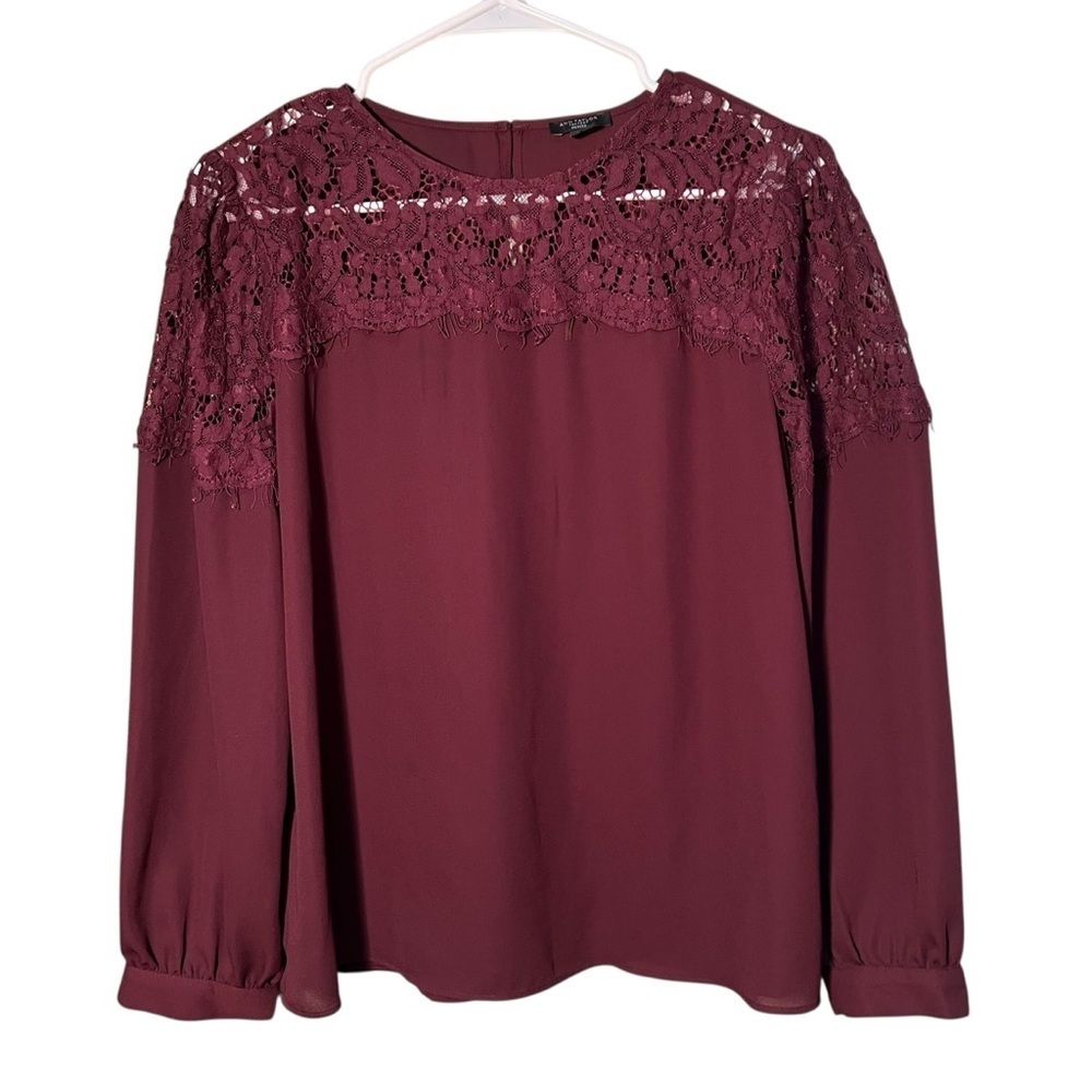 Ann Taylor Womens Sz Medium Petite Blouse Long Sleeve Burgundy Eyelash Lace Yoke